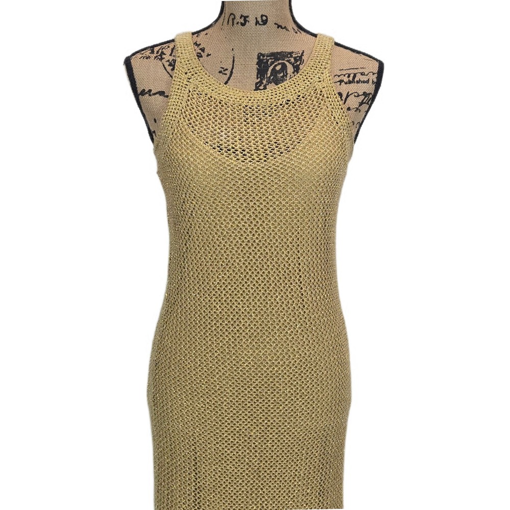 Lauren Ralph Lauren‎ Womens Midi Dress S Gold Metallic Mesh Crochet Resortwear S